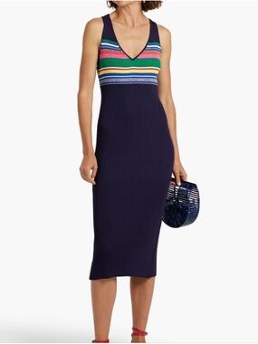 STAUD dana ribbed knit midi dress navy rainbow size M